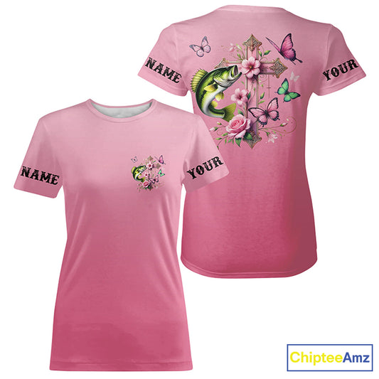 Pink Flower And Butterflies Custom Faith Largemouth Bass Fishing T-Shirts For Women IPHW8182