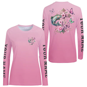 Pink Flower And Butterflies Custom Faith Rainbow Trout Long Sleeve Fishing Shirts For Women IPHW8184