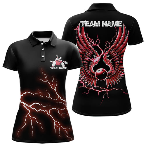 Red Thunder Lightning Bowling Wings Custom Bowling Team Polo Shirts For Women IPHW8394