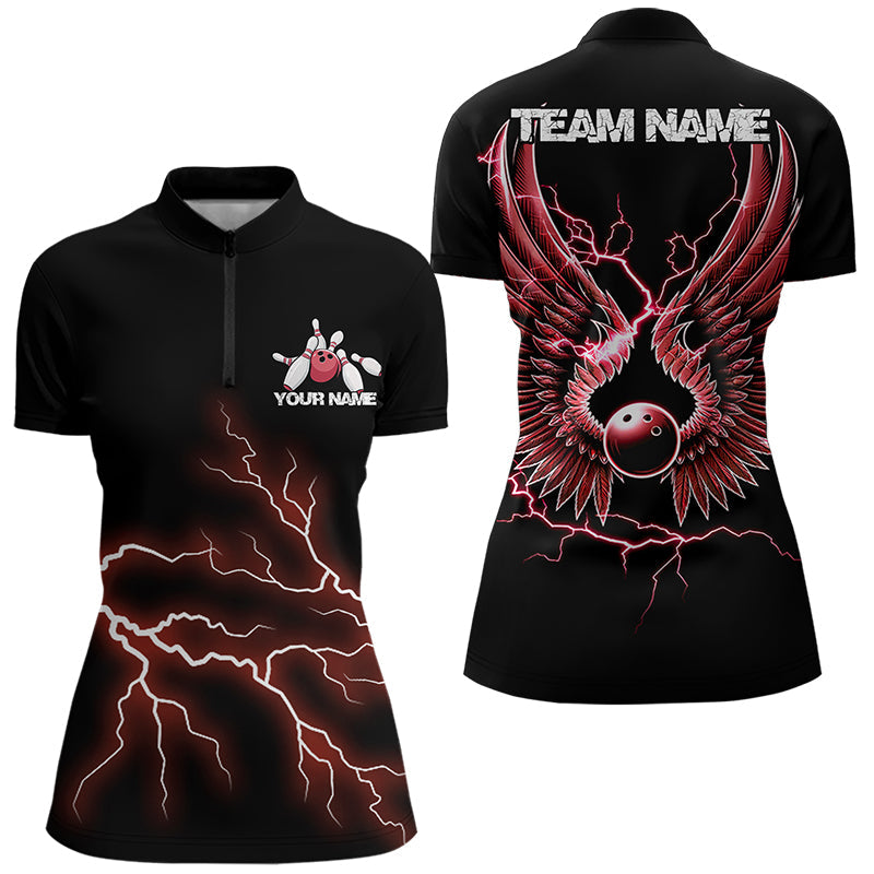 Red Thunder Lightning Bowling Wings Custom Bowling Team Quarter-Zip Shirts For Women IPHW8394