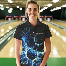 Load image into Gallery viewer, Black And Blue Eagle Break Glass Custom Bowling Polo Shirts For Women, Bowling Team Shirt IPHW8398