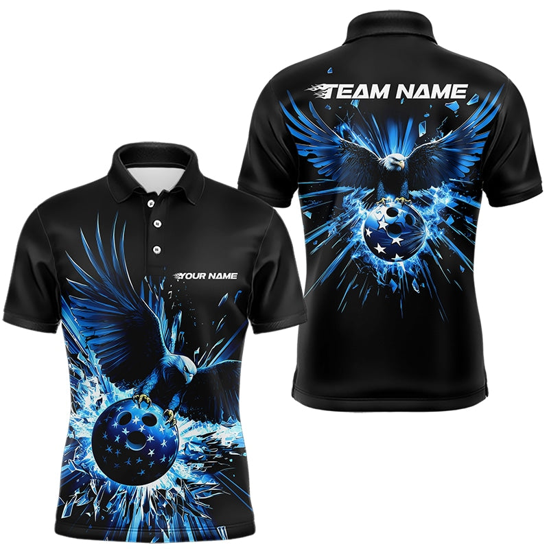 Black And Blue Eagle Break Glass Custom Bowling Polo Shirts For Men, Bowling Team Shirt IPHW8398