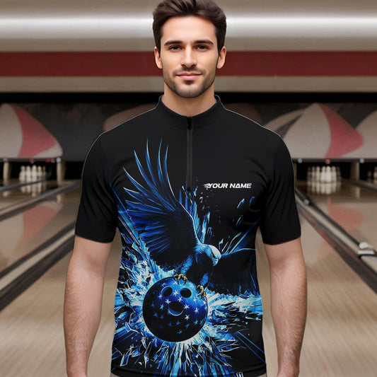 Black And Blue Eagle Break Glass Custom Bowling Quarter-Zip Shirts For Men, Bowling Team Shirt IPHW8398