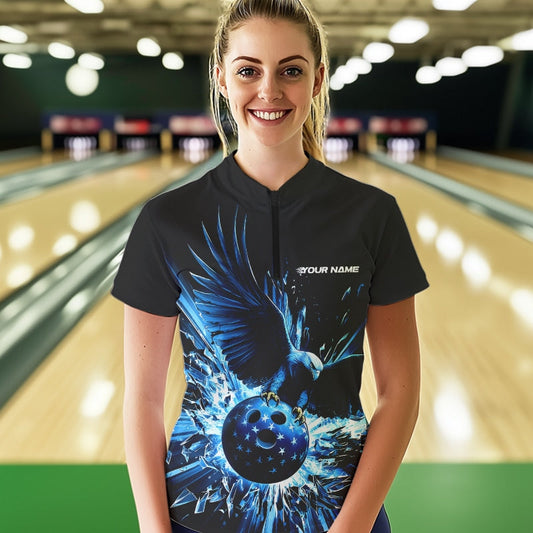Black And Blue Eagle Break Glass Custom Bowling Quarter-Zip Shirts For Women Team Shirt IPHW8398