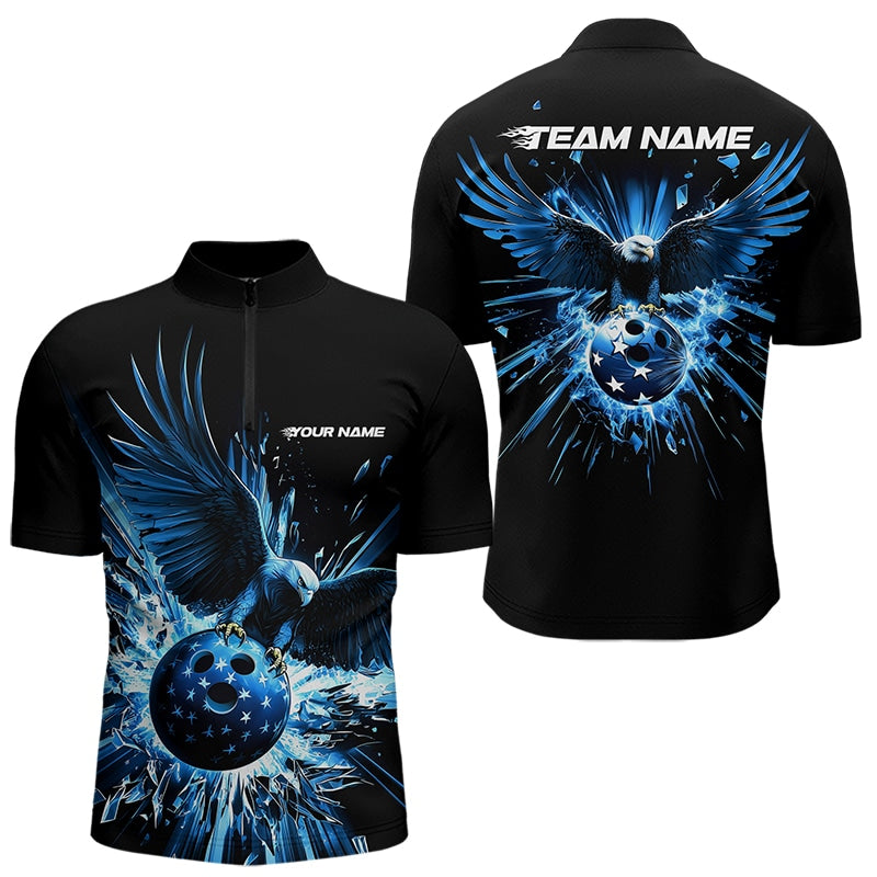 Black And Blue Eagle Break Glass Custom Bowling Quarter-Zip Shirts For Men, Bowling Team Shirt IPHW8398