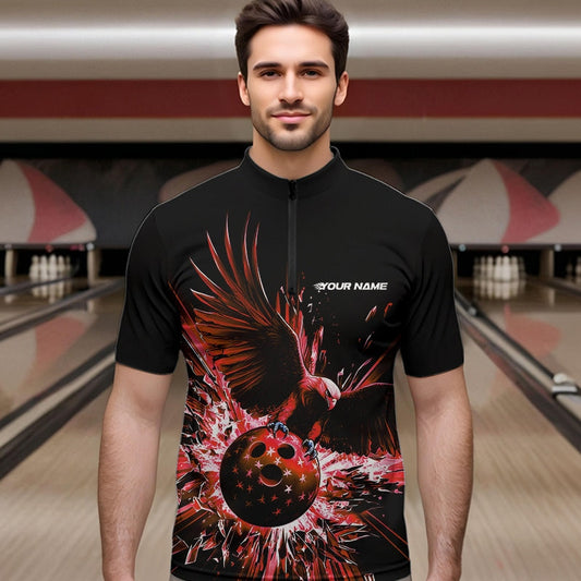 Black And Red Eagle Break Glass Custom Bowling Quarter-Zip Shirts For Men, Bowling Team Shirt IPHW8399