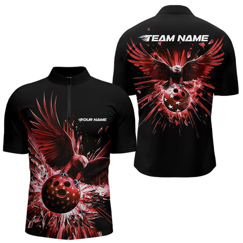 Black And Red Eagle Break Glass Custom Bowling Quarter-Zip Shirts For Men, Bowling Team Shirt IPHW8399
