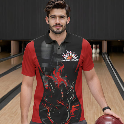 Custom Black And Red Flame Bowling Polo Shirts For Men, Fire Bowling League Shirt IPHW8619