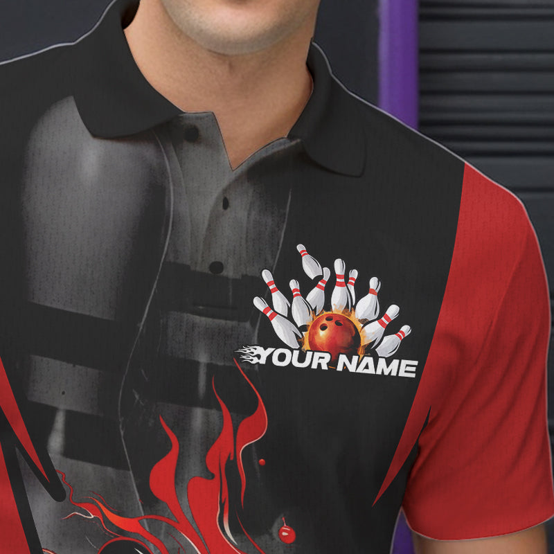 Custom Black And Red Flame Bowling Polo Shirts For Men, Fire Bowling League Shirt IPHW8619