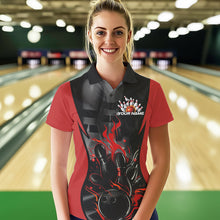 Load image into Gallery viewer, Custom Black And Red Flame Bowling Polo Shirts For Women, Fire Bowling League Shirt IPHW8619
