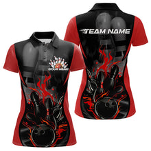 Load image into Gallery viewer, Custom Black And Red Flame Bowling Polo Shirts For Women, Fire Bowling League Shirt IPHW8619