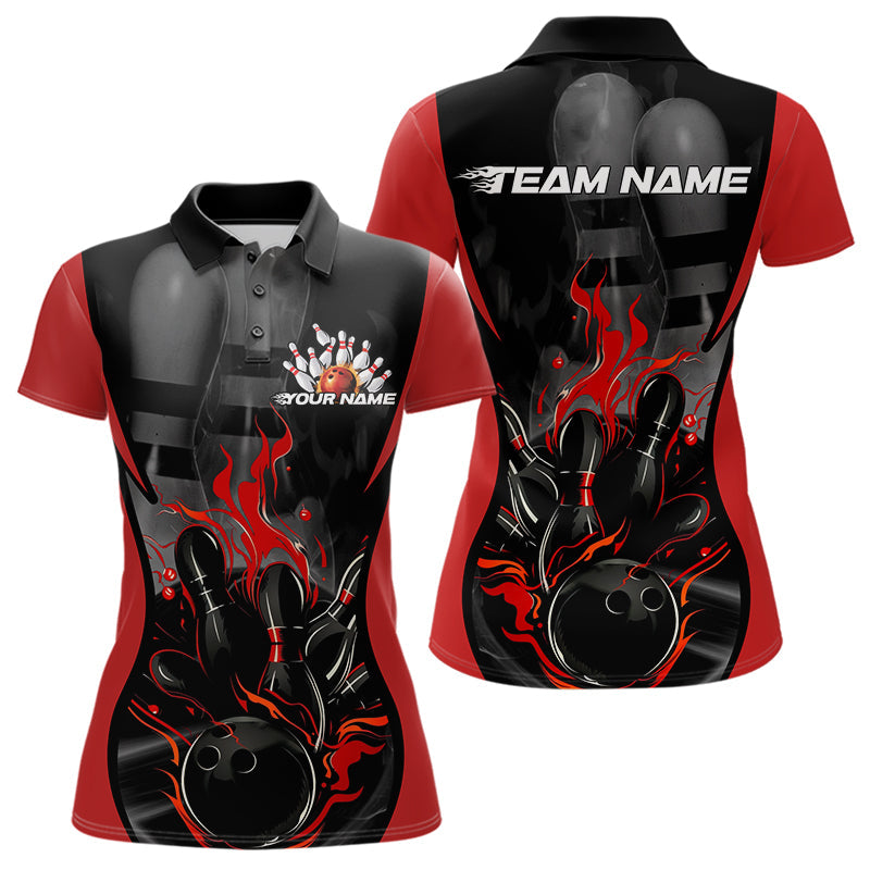 Custom Black And Red Flame Bowling Polo Shirts For Women, Fire Bowling League Shirt IPHW8619