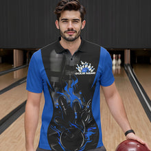 Load image into Gallery viewer, Custom Black And Blue Flame Bowling Polo Shirts For Men, Fire Bowling League Shirt IPHW8620