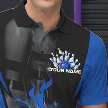 Load image into Gallery viewer, Custom Black And Blue Flame Bowling Polo Shirts For Men, Fire Bowling League Shirt IPHW8620