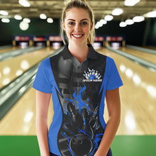 Load image into Gallery viewer, Custom Black And Blue Flame Bowling Polo Shirts For Women, Fire Bowling League Shirt IPHW8620