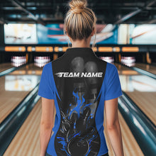 Load image into Gallery viewer, Custom Black And Blue Flame Bowling Polo Shirts For Women, Fire Bowling League Shirt IPHW8620