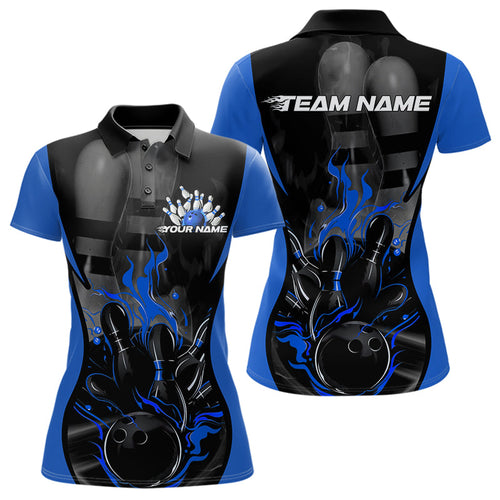 Custom Black And Blue Flame Bowling Polo Shirts For Women, Fire Bowling League Shirt IPHW8620