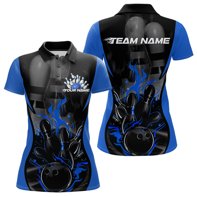 Custom Black And Blue Flame Bowling Polo Shirts For Women, Fire Bowling League Shirt IPHW8620