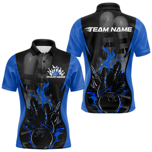 Custom Black And Blue Flame Bowling Polo Shirts For Men, Fire Bowling League Shirt IPHW8620
