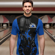 Load image into Gallery viewer, Custom Black And Blue Flame Bowling Quarter-Zip Shirts For Men, Fire Bowling League Shirt IPHW8620