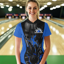 Load image into Gallery viewer, Custom Black And Blue Flame Bowling Quarter-Zip Shirts For Women, Fire Bowling League Shirt IPHW8620