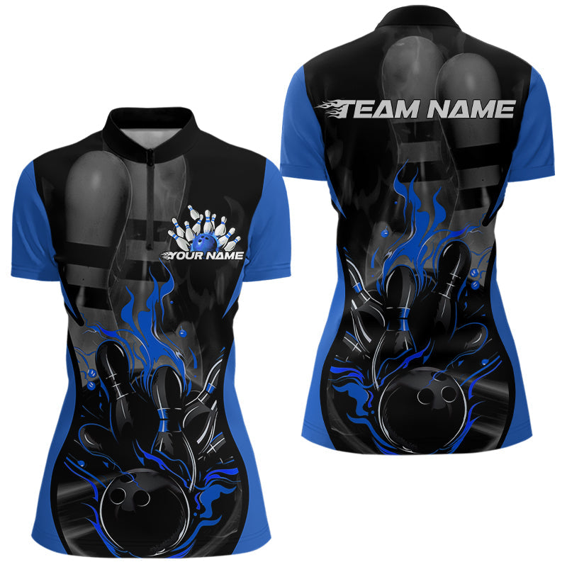 Custom Black And Blue Flame Bowling Quarter-Zip Shirts For Women, Fire Bowling League Shirt IPHW8620