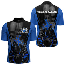 Load image into Gallery viewer, Custom Black And Blue Flame Bowling Quarter-Zip Shirts For Men, Fire Bowling League Shirt IPHW8620
