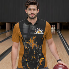 Load image into Gallery viewer, Custom Black And Yellow Flame Bowling Polo Shirts For Men, Fire Bowling League Shirt IPHW8621