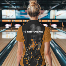Load image into Gallery viewer, Custom Black And Yellow Flame Bowling Polo Shirts For Women, Fire Bowling League Shirt IPHW8621