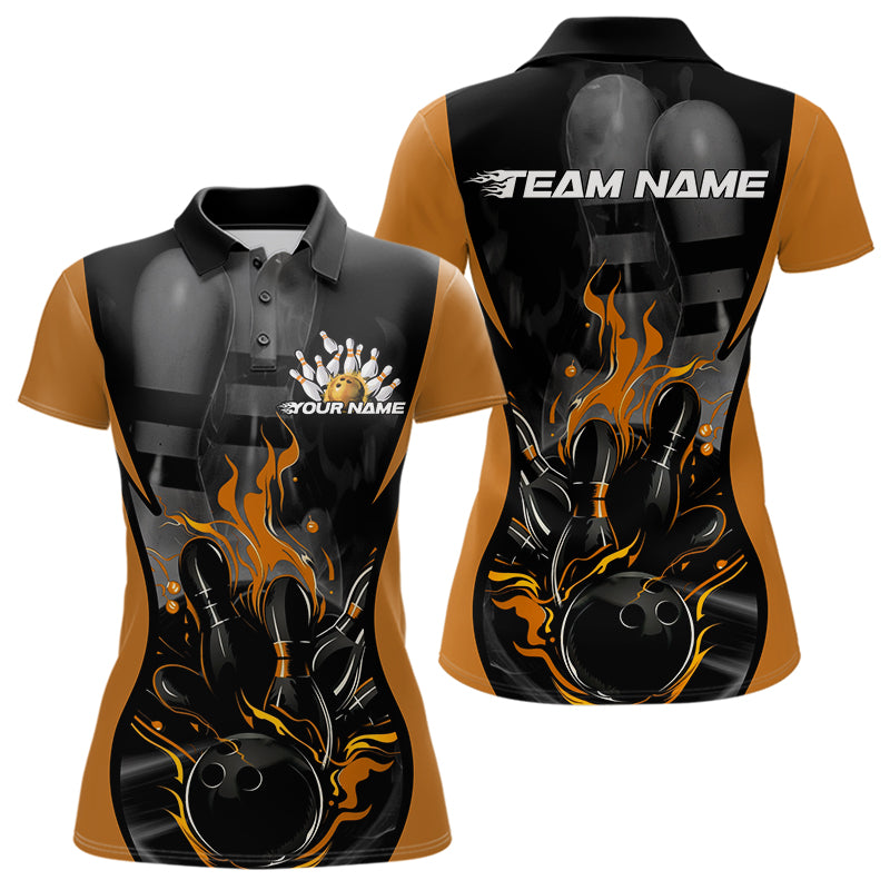 Custom Black And Yellow Flame Bowling Polo Shirts For Women, Fire Bowling League Shirt IPHW8621