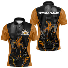 Load image into Gallery viewer, Custom Black And Yellow Flame Bowling Polo Shirts For Men, Fire Bowling League Shirt IPHW8621