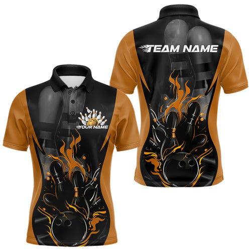 Custom Black And Yellow Flame Bowling Polo Shirts For Men, Fire Bowling League Shirt IPHW8621