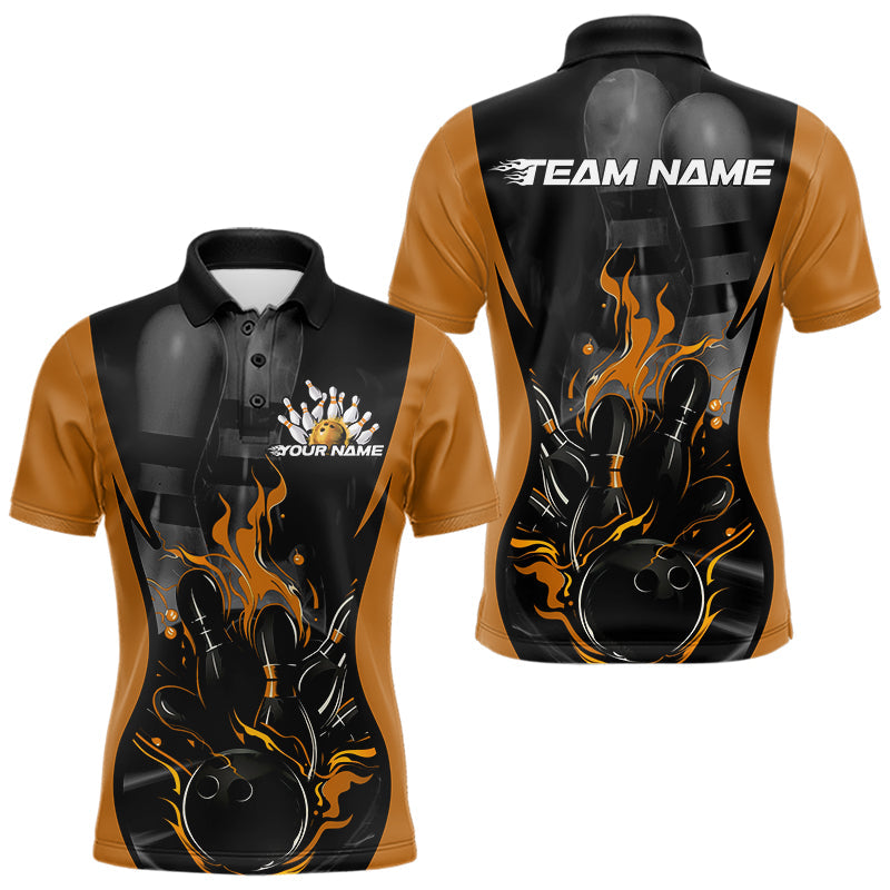 Custom Black And Yellow Flame Bowling Polo Shirts For Men, Fire Bowling League Shirt IPHW8621