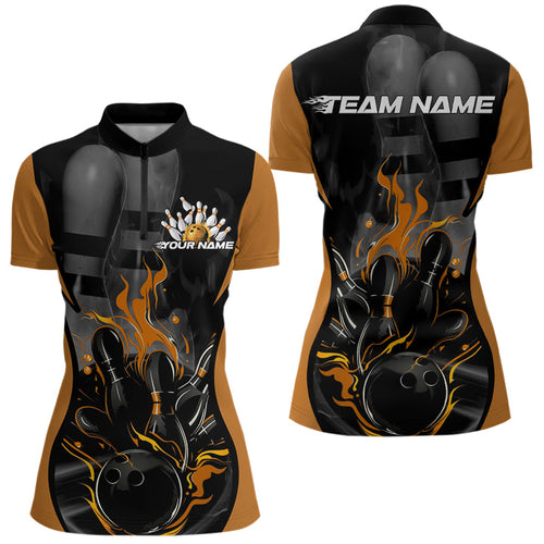 Custom Black And Yellow Flame Bowling Womens Quarter-Zip Shirt, Fire Bowling League Shirt IPHW8621
