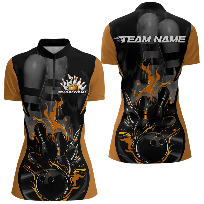 Custom Black And Yellow Flame Bowling Womens Quarter-Zip Shirt, Fire Bowling League Shirt IPHW8621