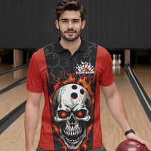 Load image into Gallery viewer, Custom Black And Orange Flame Skull Bowling Polo Shirts For Men, Fire Skull Bowling Outfits IPHW8627