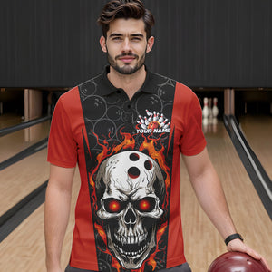 Custom Black And Orange Flame Skull Bowling Polo Shirts For Men, Fire Skull Bowling Outfits IPHW8627