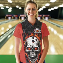 Load image into Gallery viewer, Custom Black And Orange Flame Skull Bowling Polo Shirt For Women, Fire Skull Bowling Outfit IPHW8627