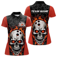 Load image into Gallery viewer, Custom Black And Orange Flame Skull Bowling Polo Shirt For Women, Fire Skull Bowling Outfit IPHW8627