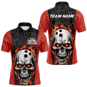 Custom Black And Orange Flame Skull Bowling Polo Shirts For Men, Fire Skull Bowling Outfits IPHW8627