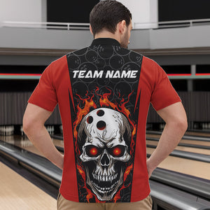 Custom Black And Orange Flame Skull Bowling Quarter-Zip Shirts For Men, Fire Skull Bowling Outfits IPHW8627