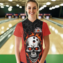 Load image into Gallery viewer, Custom Black And Orange Flame Skull Bowling Womens Quarter-Zip Shirt, Fire Skull Bowling IPHW8627