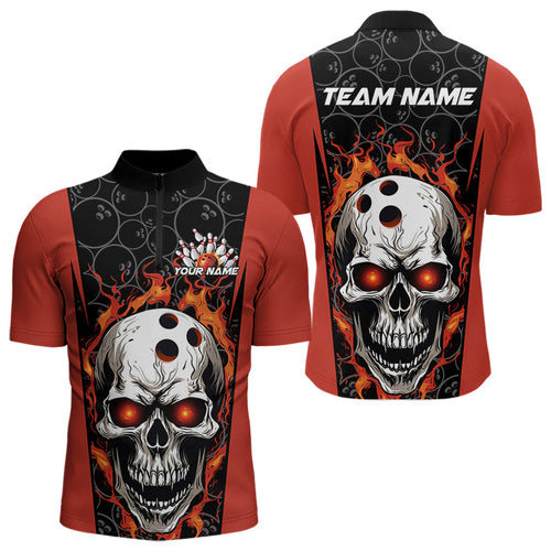 Custom Black And Orange Flame Skull Bowling Quarter-Zip Shirts For Men, Fire Skull Bowling Outfits IPHW8627