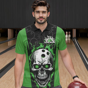 Custom Black And Green Flame Skull Bowling Polo Shirts For Men, Fire Skull Bowling Outfits IPHW8628