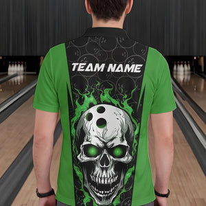 Custom Black And Green Flame Skull Bowling Polo Shirts For Men, Fire Skull Bowling Outfits IPHW8628