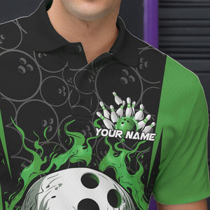 Custom Black And Green Flame Skull Bowling Polo Shirts For Men, Fire Skull Bowling Outfits IPHW8628