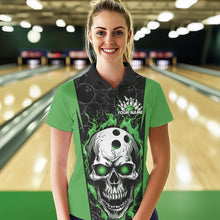 Load image into Gallery viewer, Custom Black And Green Flame Skull Bowling Polo Shirt For Women, Fire Skull Bowling Outfits IPHW8628