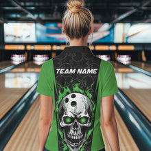 Load image into Gallery viewer, Custom Black And Green Flame Skull Bowling Polo Shirt For Women, Fire Skull Bowling Outfits IPHW8628