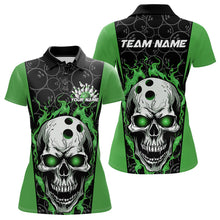 Load image into Gallery viewer, Custom Black And Green Flame Skull Bowling Polo Shirt For Women, Fire Skull Bowling Outfits IPHW8628