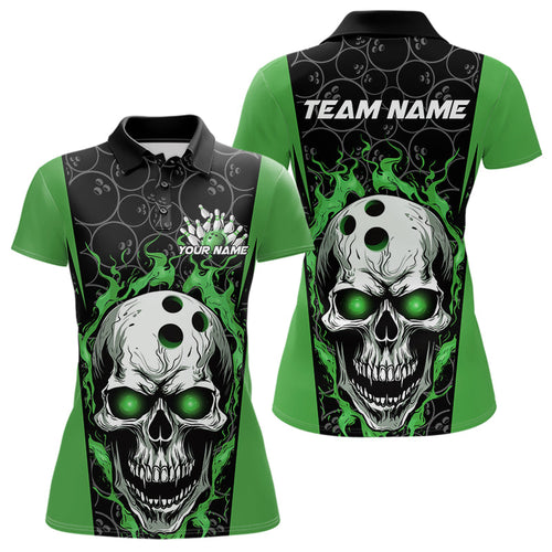 Custom Black And Green Flame Skull Bowling Polo Shirt For Women, Fire Skull Bowling Outfits IPHW8628